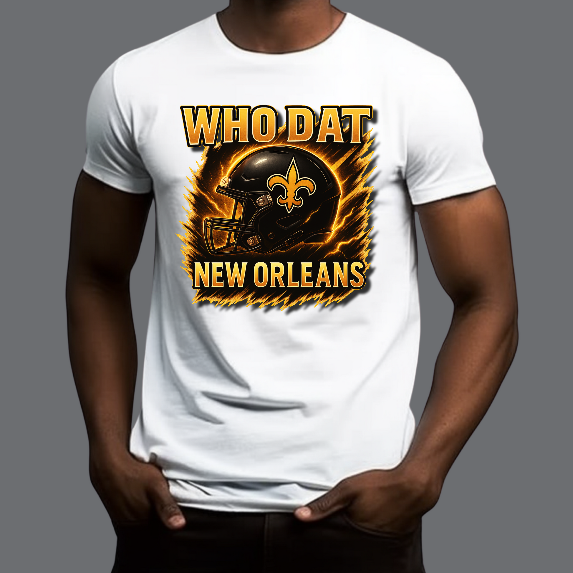 White t-shirt with New Orleans Saints graphic and 'WHO DAT' text on a gray background Who Dat New Orleans Tee - Fierce Football Fan Energy T-Shirt