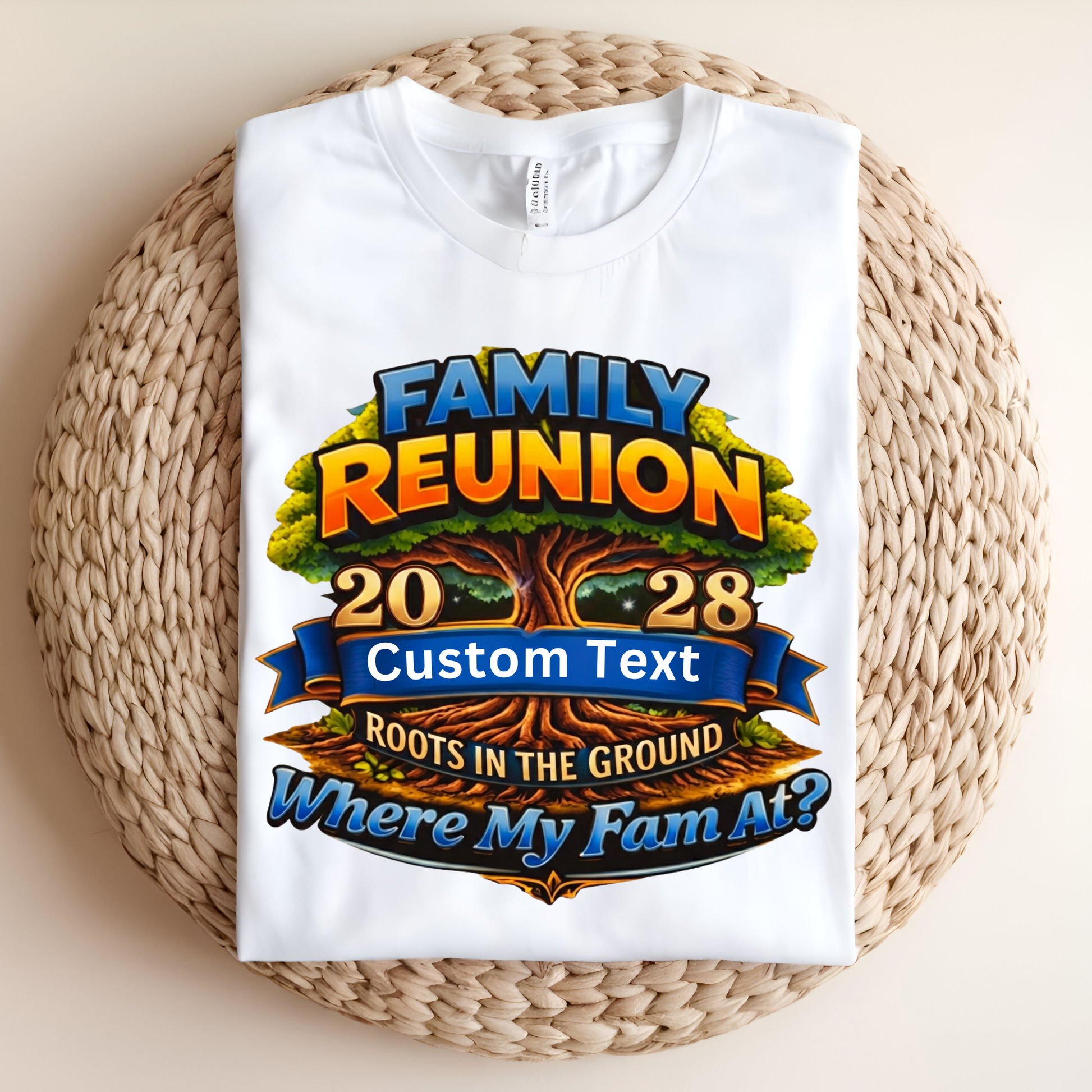 White t-shirt with 'Family Reunion 2028' design on a woven surface