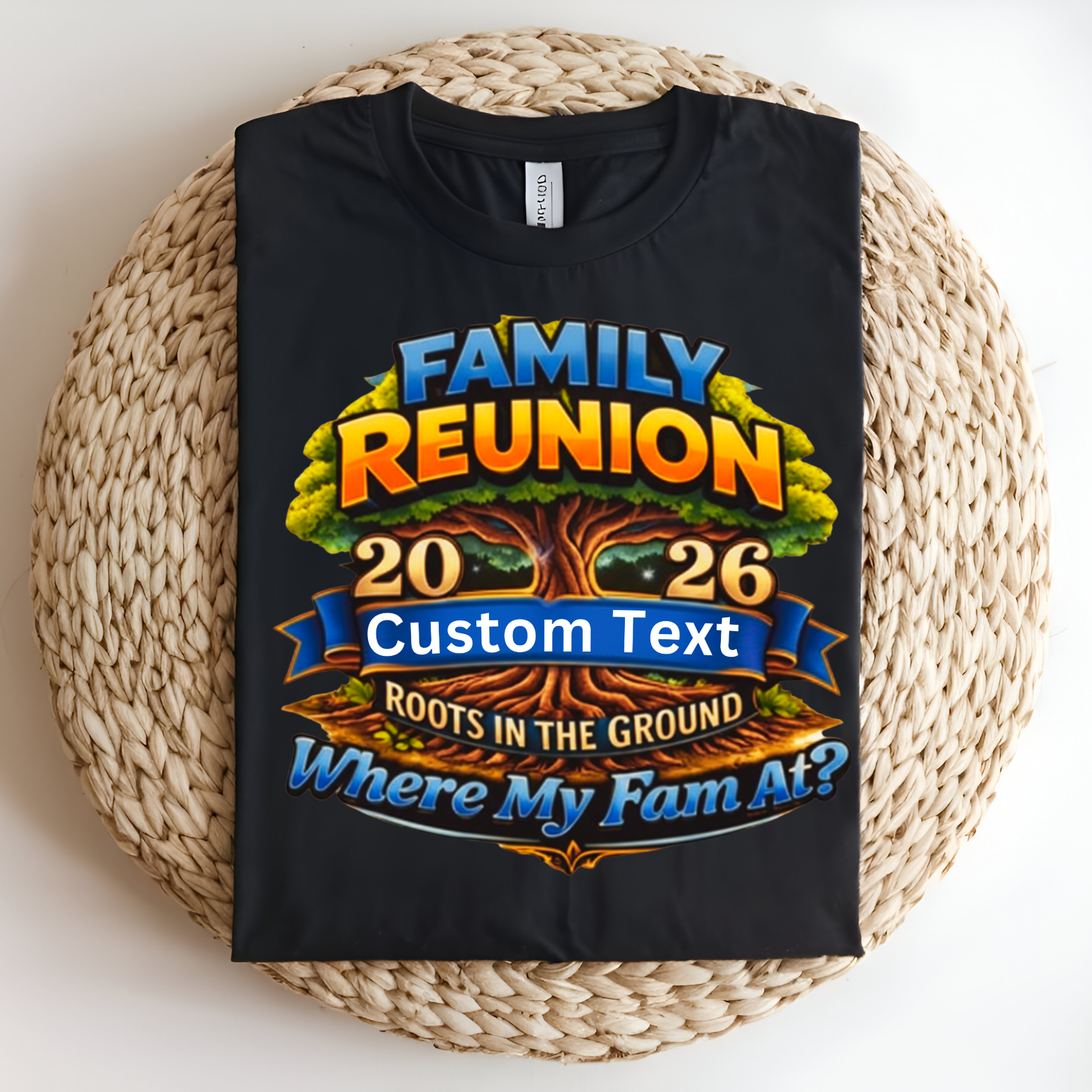 Black t-shirt with colorful 'Family Reunion' design on a woven surface