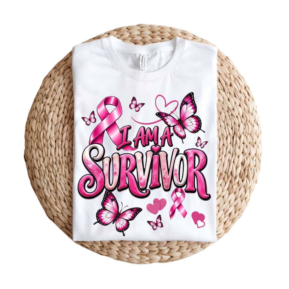 A white short-sleeve T-shirt laid flat on a round woven straw mat, featuring a large pink and black graphic that reads “I AM A SURVIVOR” with pink ribbons, butterflies, and hearts.