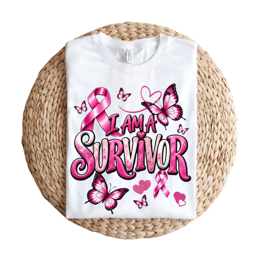 A white short-sleeve T-shirt laid flat on a round woven straw mat, featuring a large pink and black graphic that reads “I AM A SURVIVOR” with pink ribbons, butterflies, and hearts.