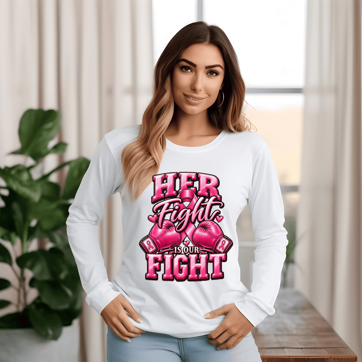 A woman wearing a white long-sleeve graphic t-shirt with a pink and black 'HER Fight IS OUR FIGHT' boxing gloves design, standing in a brightly lit room with curtains and a plant.