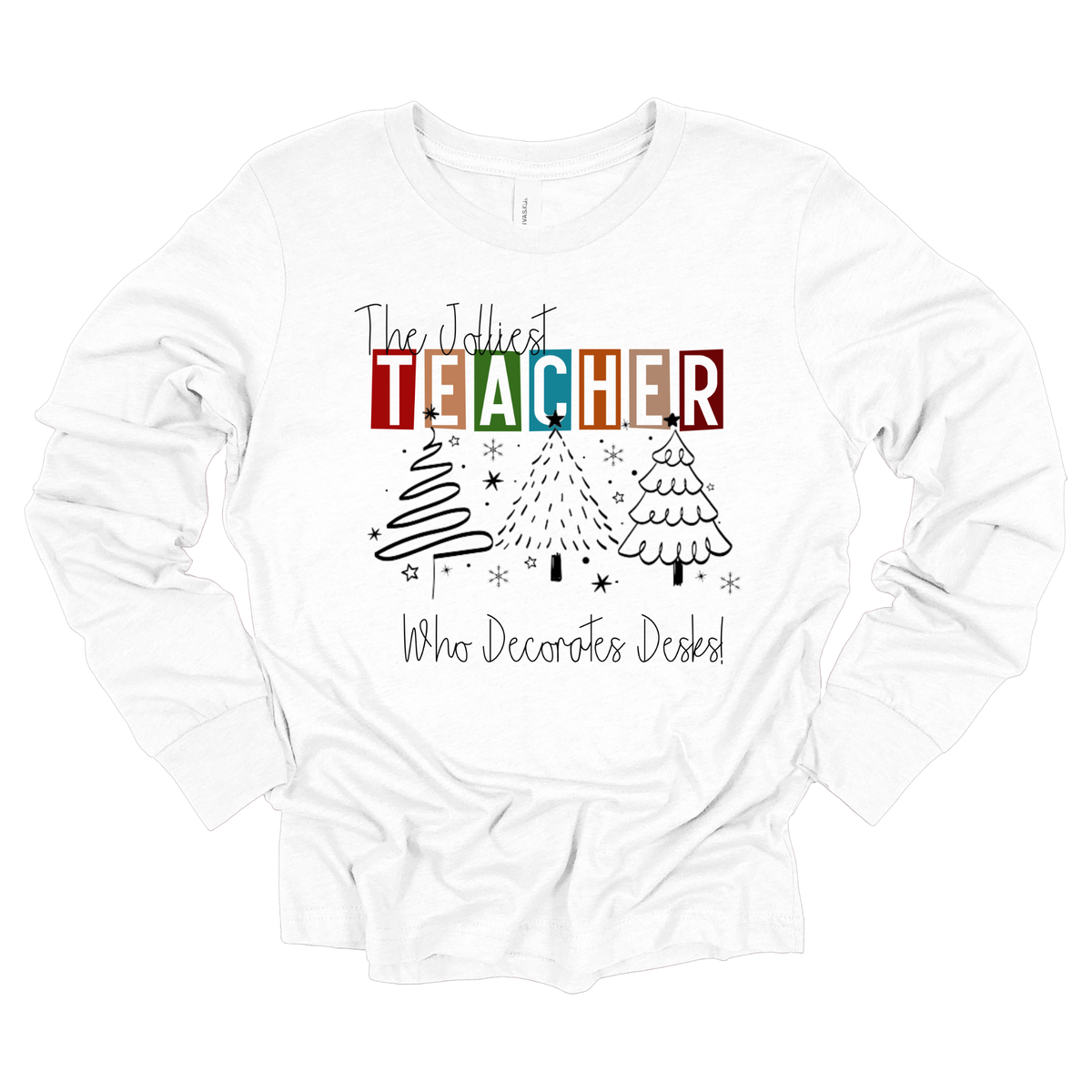 A white long-sleeve t-shirt with a Christmas-themed graphic print on the front. The graphic features a red Santa hat, the text 'Christmas CREW' with 'CREW' styled in plaid green, red, and black letters, and 'Making Memories Together 2026' underneath.