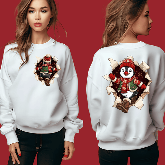 Penguin Christmas Shirt - 3D Torn Effect Holiday Tee, Crewneck, or Hoodie