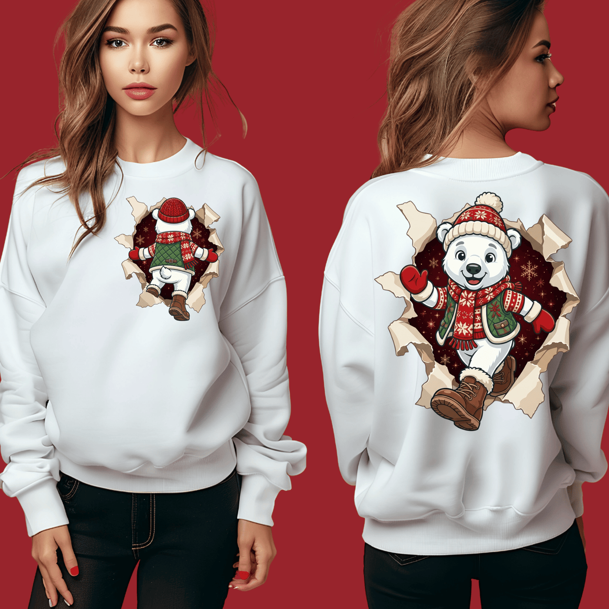 Polar Bear Christmas Shirt - 3D Torn Effect Holiday Tee, Crewneck, or Hoodie