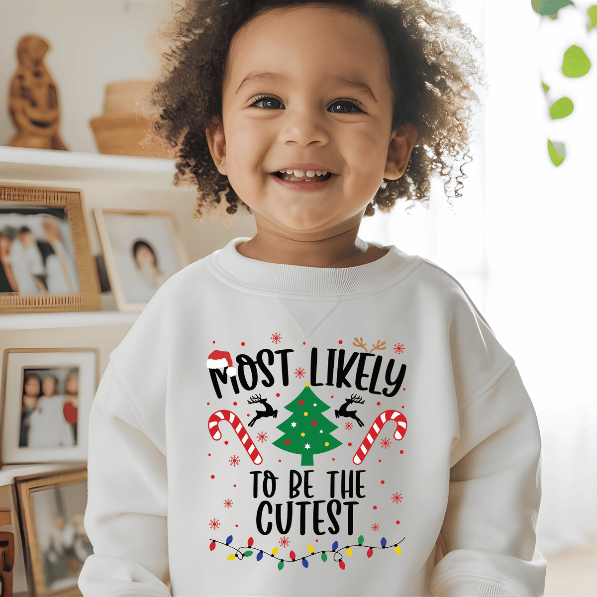 A smiling toddler with curly hair wearing a white crewneck sweatshirt with a colorful Christmas graphic that reads 'MOST LIKELY TO BE THE CUTEST'. The background shows a softly blurred indoor room with framed photos on a shelf.