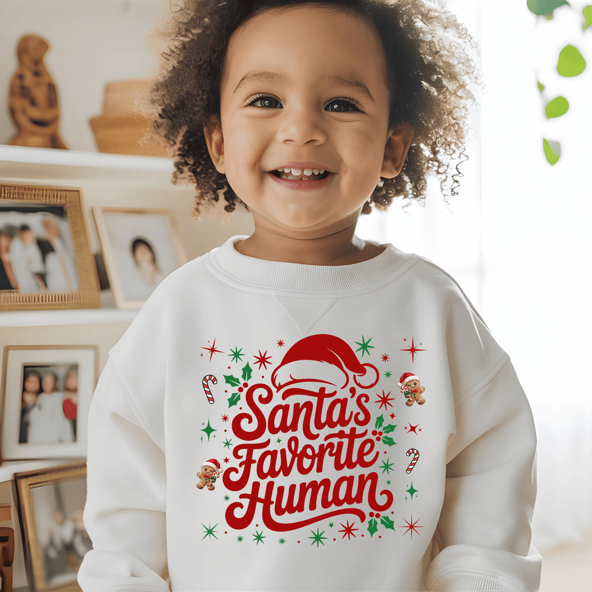 Folded sand crewneck sweatshirt with 'Santa's Favorite Human' red lettering, Santa hat, and gingerbread graphics on a neutral wooden background.