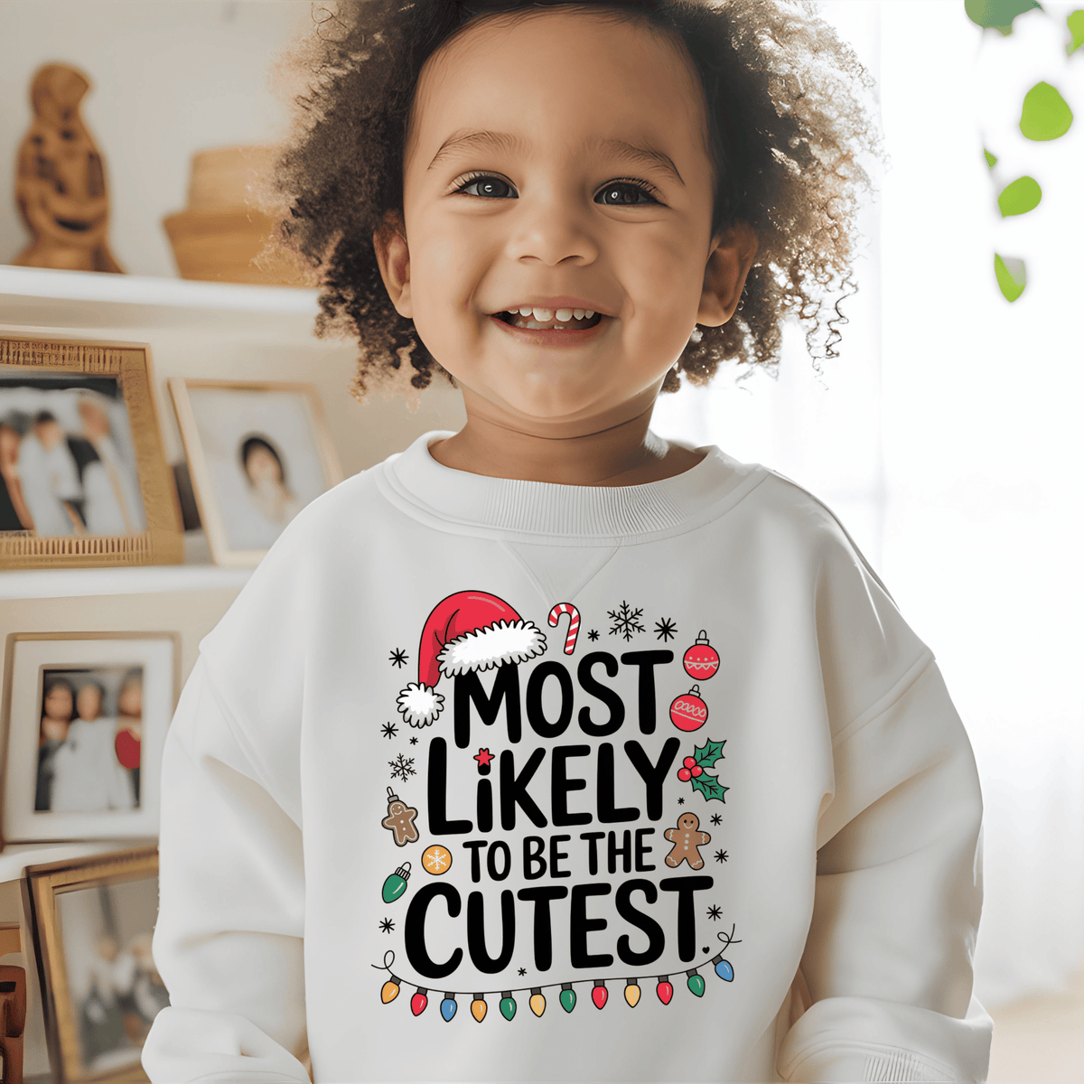 A smiling toddler with curly hair wearing a white crewneck sweatshirt with a colorful Christmas graphic that reads 'MOST LIKELY TO BE THE CUTEST'.