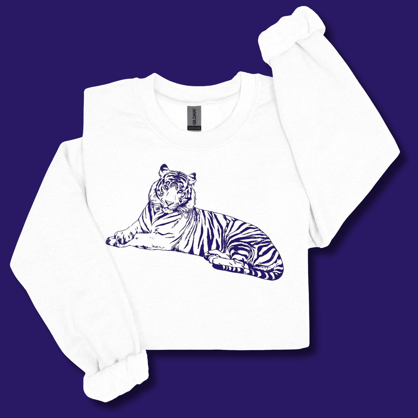 A white long-sleeve crewneck sweatshirt with a dark purple line art illustration of a tiger on the front, displayed flat against a solid dark purple background.