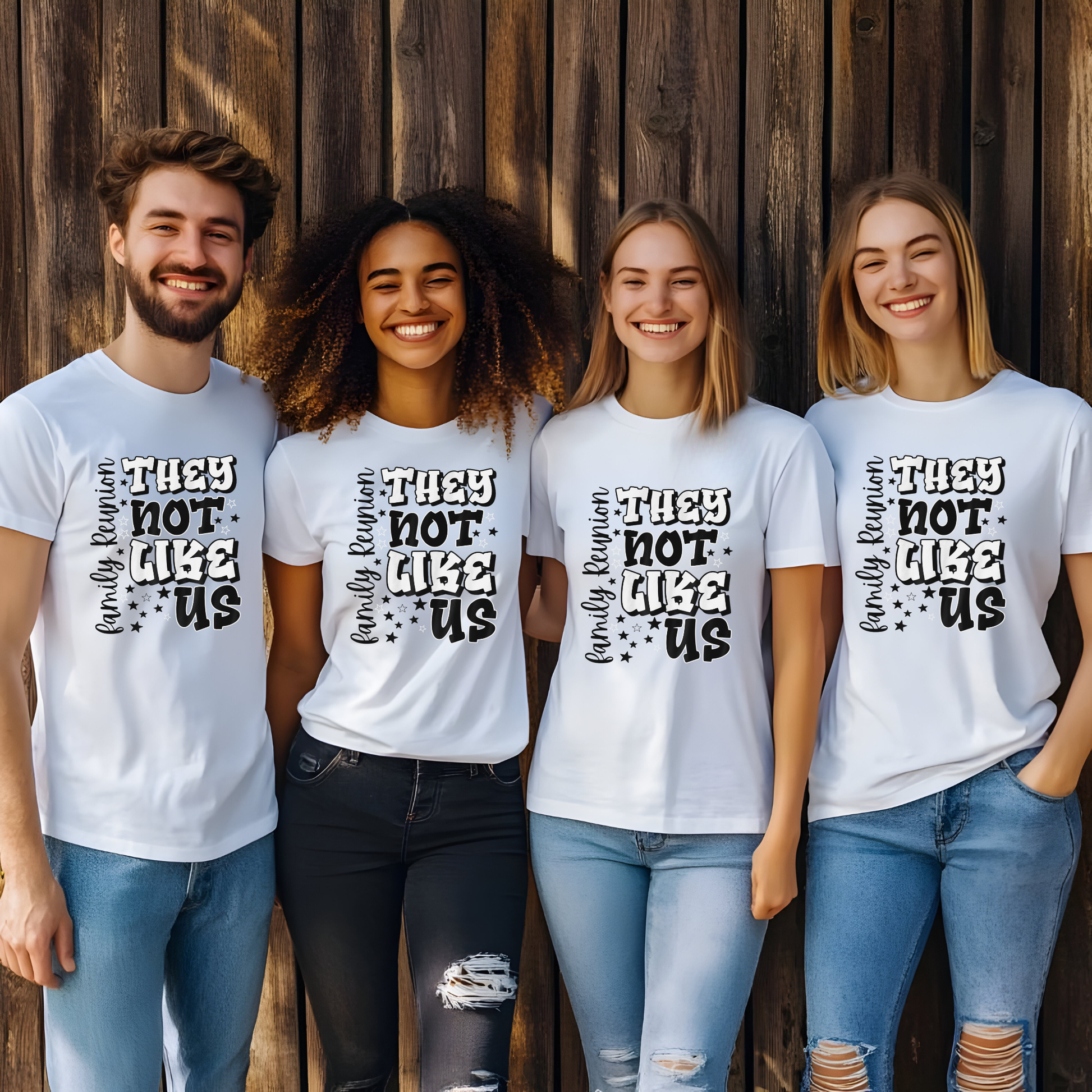 Four people wearing white t-shirts with a message against hate crimes, standing in front of a wooden wall.