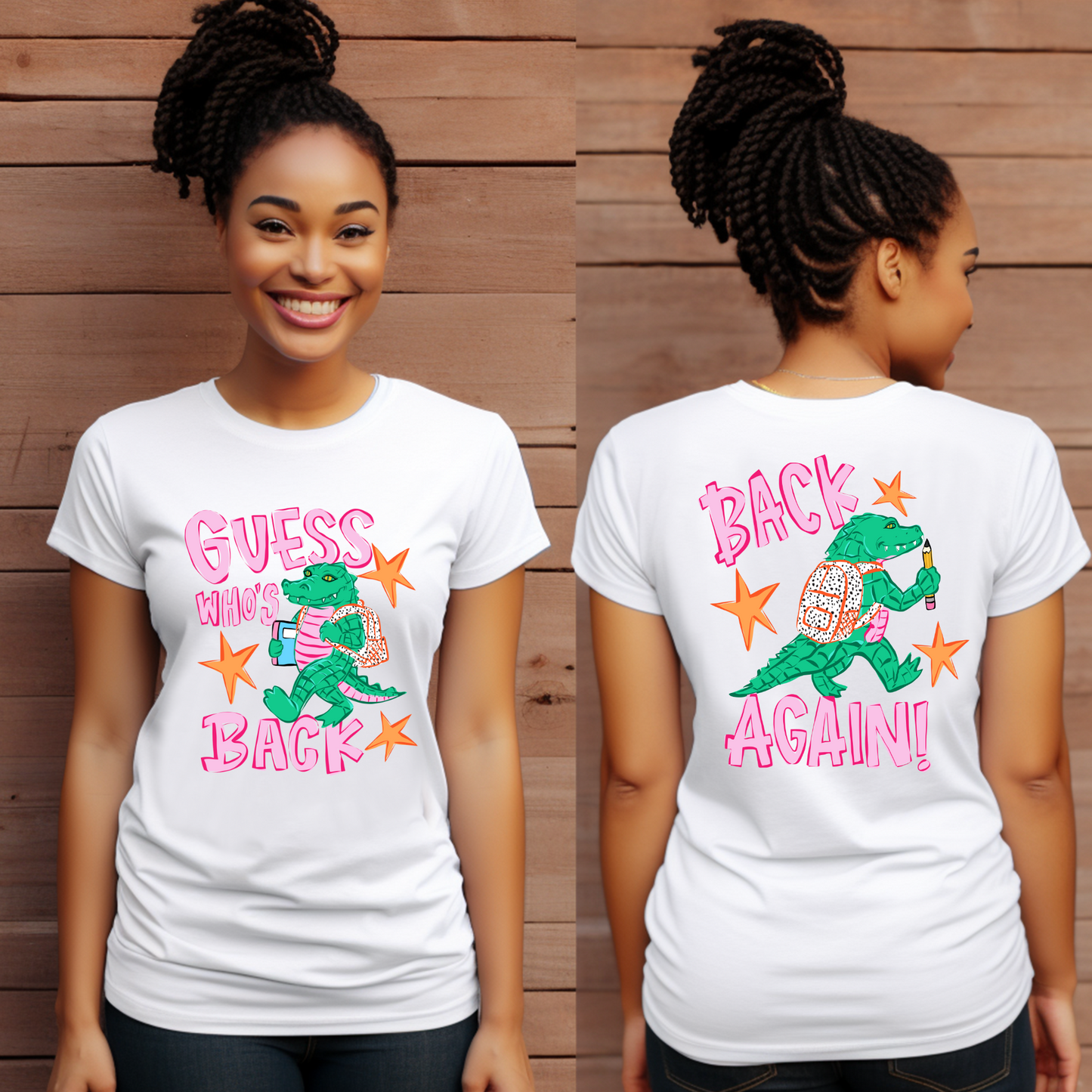 A woman shown from the front and back wearing a white graphic T-shirt. The shirt features a colorful cartoon green alligator carrying a pink heart, with orange stars and pink text reading 'GUESS ME' and 'BACK AGAIN!'.