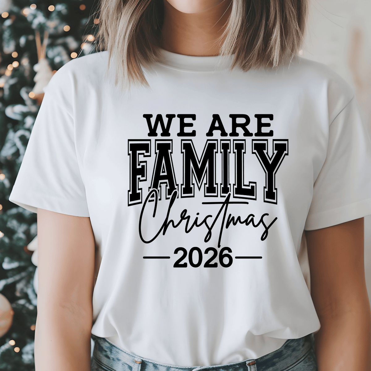 Set of five black matching family t-shirts printed with white 'We Are Family Christmas 2026' collegiate typography on a wooden backdrop.