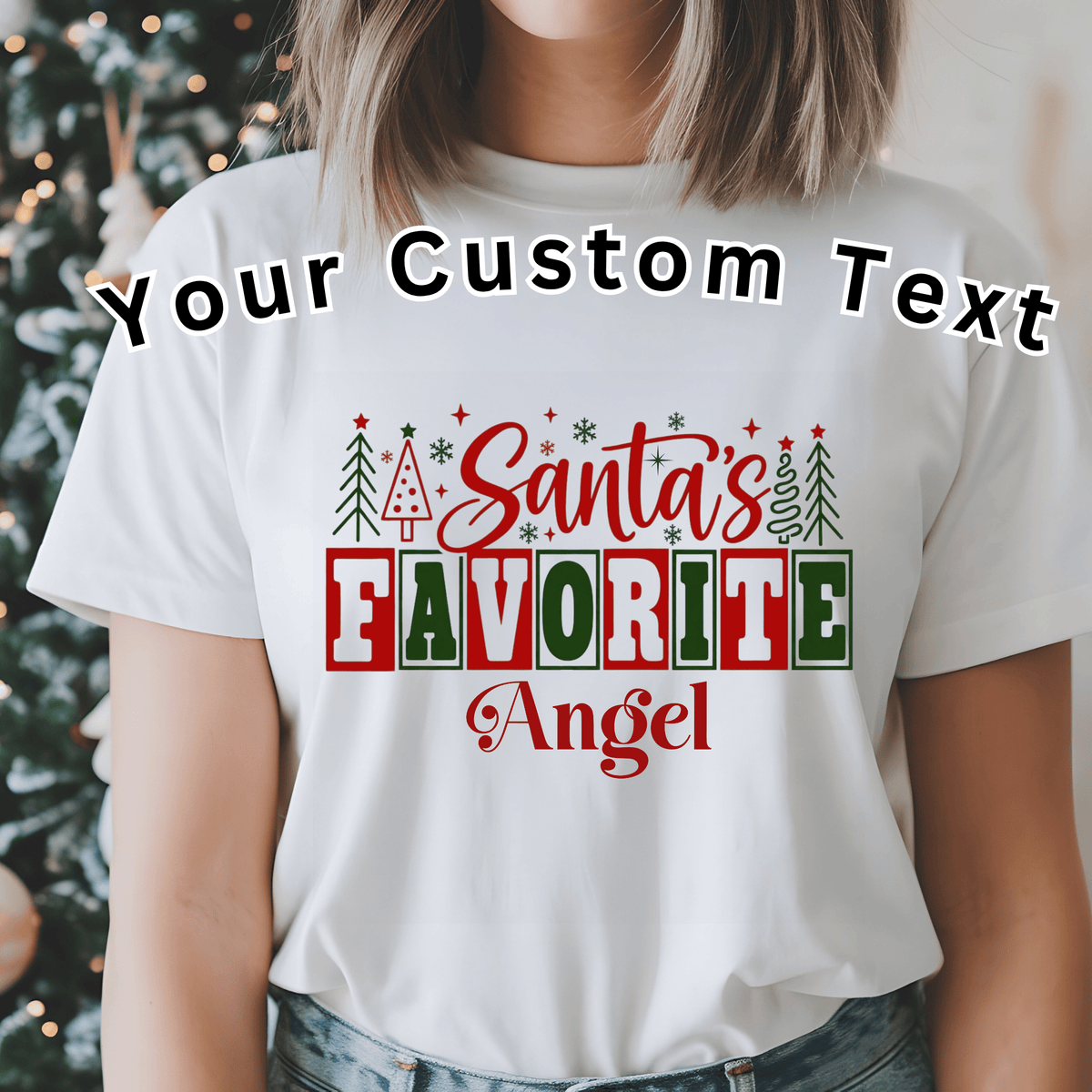 Custom "Santa's Favorite" Christmas Shirt  | Matching Family Holiday Tee Customizable white crewneck sweatshirts featuring a festive 'Santa's Favorite' Christmas graphic for Grandma, Daddy, and family holiday matching.