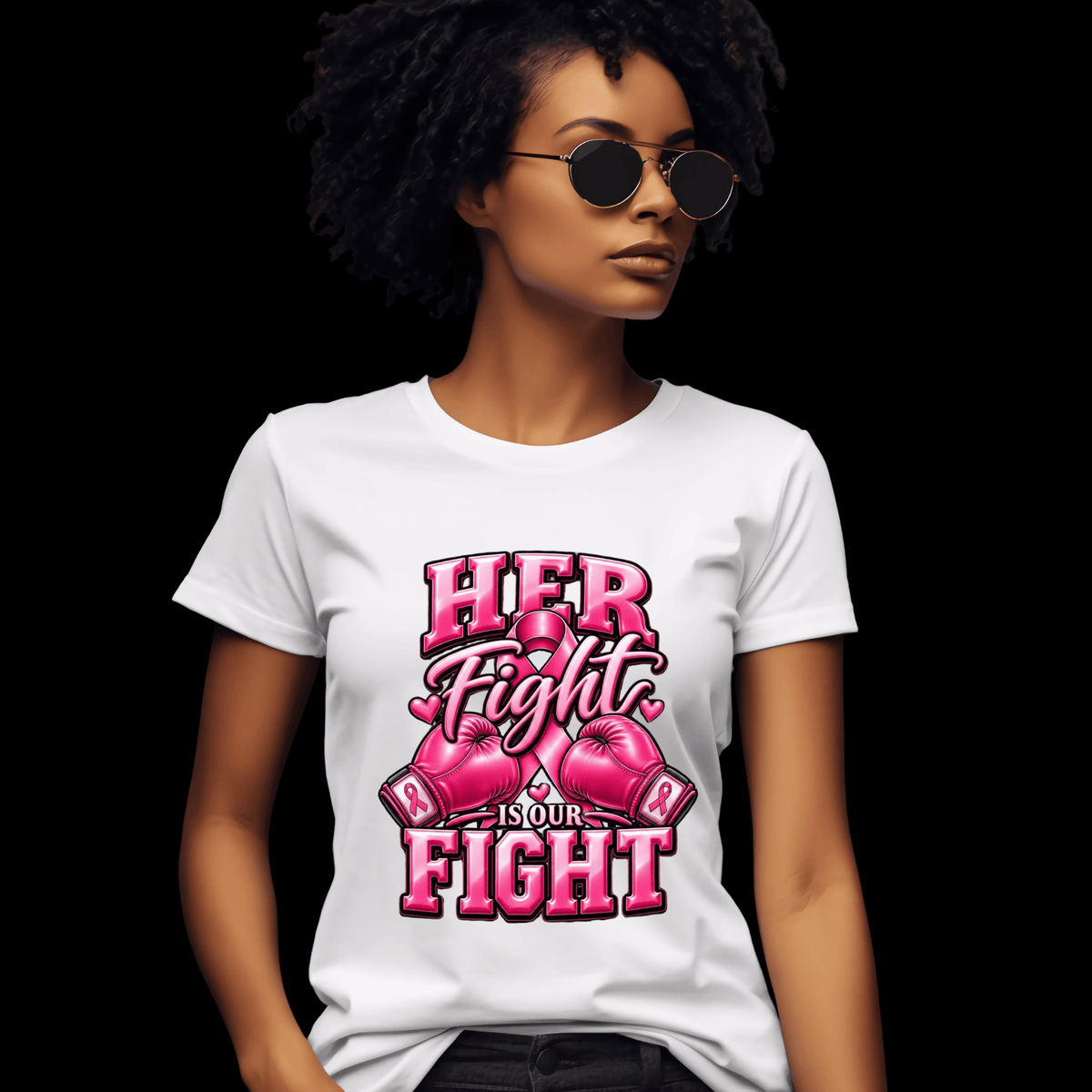A woman wearing a white short-sleeve graphic T-shirt with pink boxing gloves and the text 'HER Fight is YOUR FIGHT' on a solid black background.