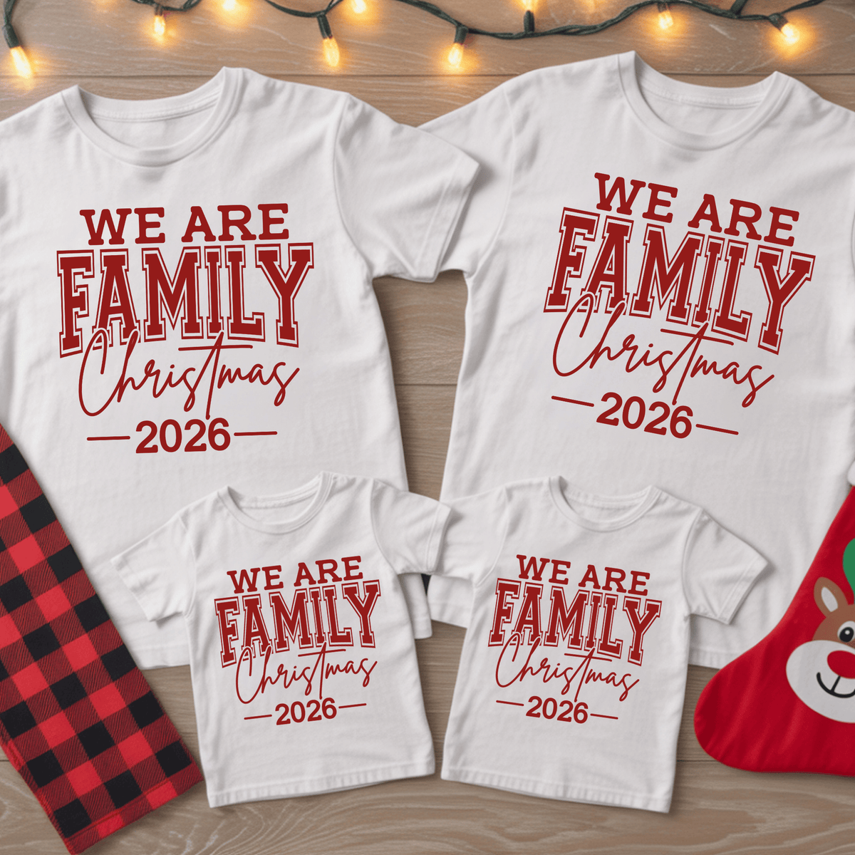 Set of five black matching family t-shirts printed with white 'We Are Family Christmas 2026' collegiate typography on a wooden backdrop.