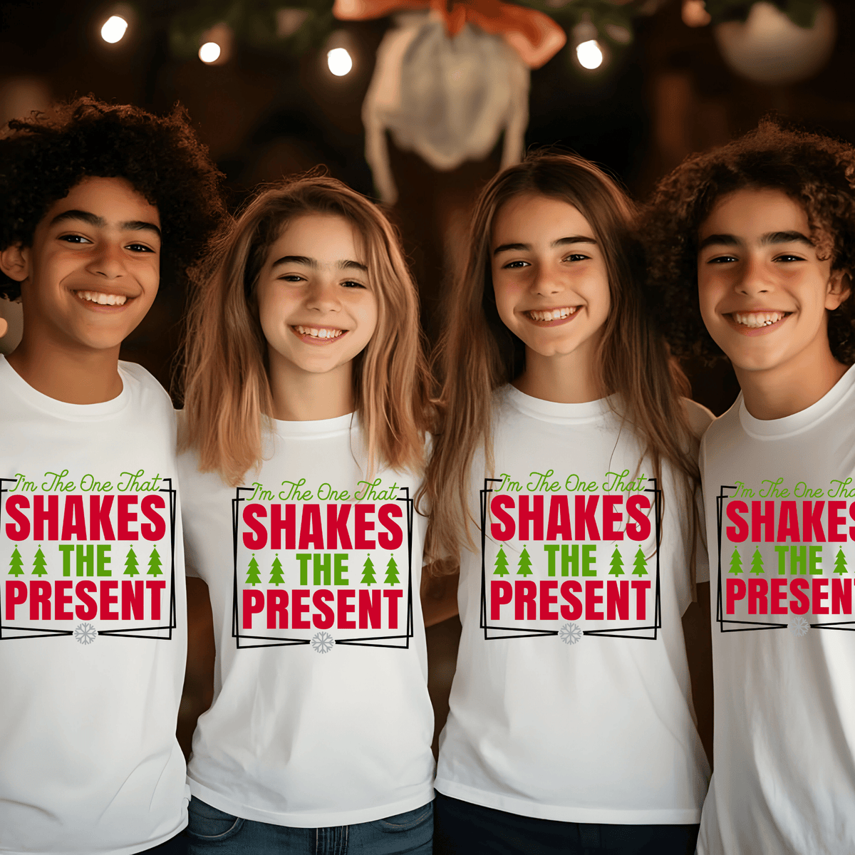 Four children standing together indoors wearing matching white graphic T-shirts with a festive red and green holiday design that reads, "I'm The One That SHAKES THE PRESENT.".