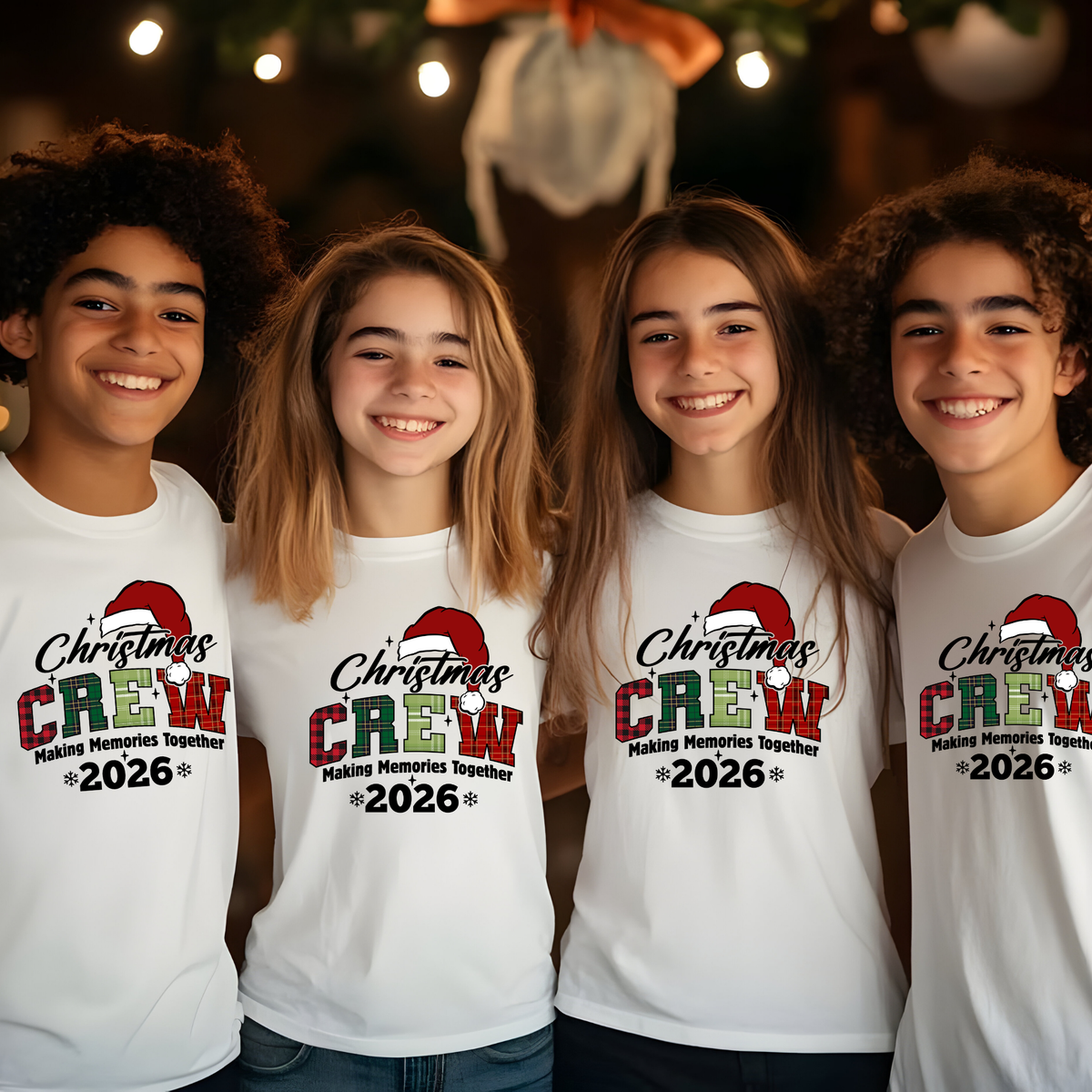 Four smiling children standing together and wearing matching white graphic T-shirts with a Christmas-themed 'CREW' print in red, green, and black, plus a Santa hat graphic.