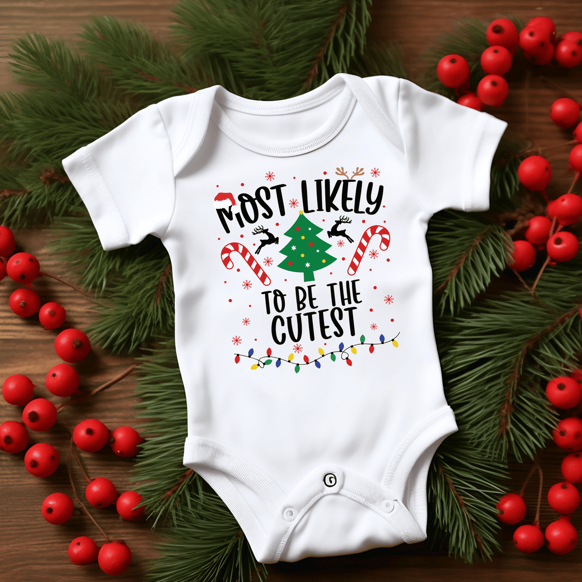 A white short-sleeve baby bodysuit with a festive Christmas graphic reading 'MOST LIKELY TO BE THE CUTEST' in black text, surrounded by a green Christmas tree, candy canes, reindeer, snowflakes, and multicolored string lights. The bodysuit is styled in a flat lay on a wooden surface, framed by green pine branches and red berries.