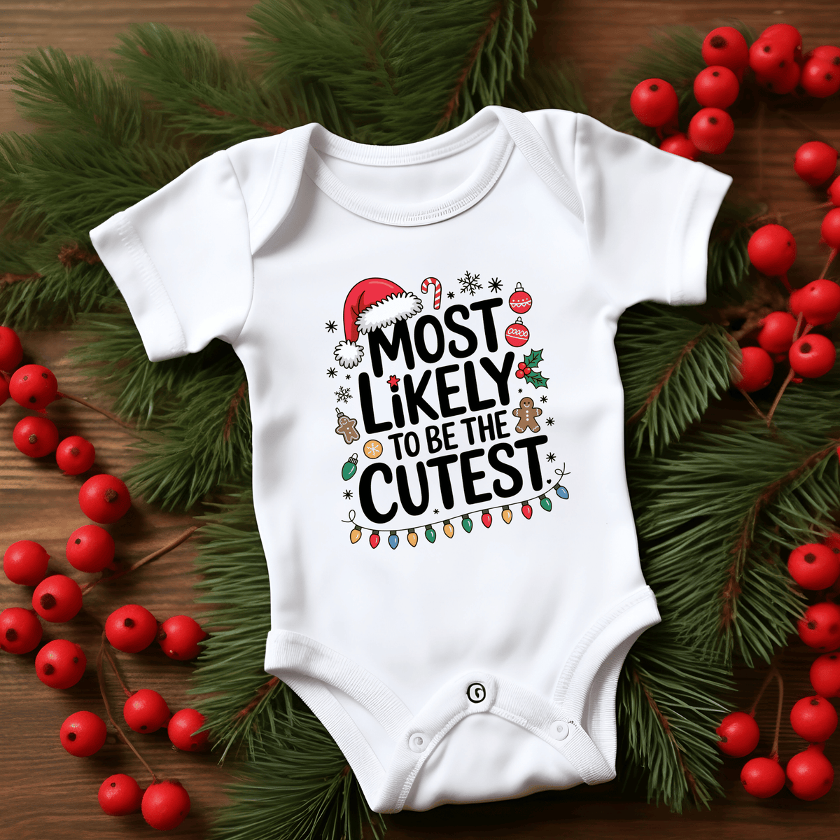 A white short-sleeve baby bodysuit with a festive Christmas graphic reading 'MOST LIKELY TO BE THE CUTEST' in black text, surrounded by a Santa hat, candy canes, ornaments, gingerbread cookies, and holiday lights. The bodysuit is laid flat on a wooden surface, framed by green pine branches and red berries.