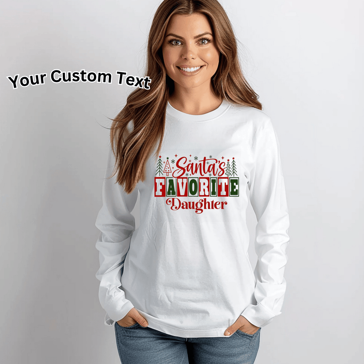 Custom "Santa's Favorite" Christmas Shirt  | Matching Family Holiday Tee Customizable white crewneck sweatshirts featuring a festive 'Santa's Favorite' Christmas graphic for Grandma, Daddy, and family holiday matching.