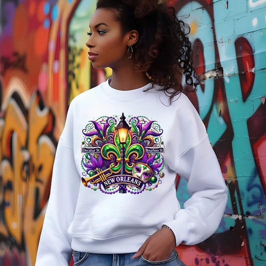 Women's Mardi Gras Sweater - New Orleans Festive and Fun City Design on a white sweater to celebrate festivities and parade fun