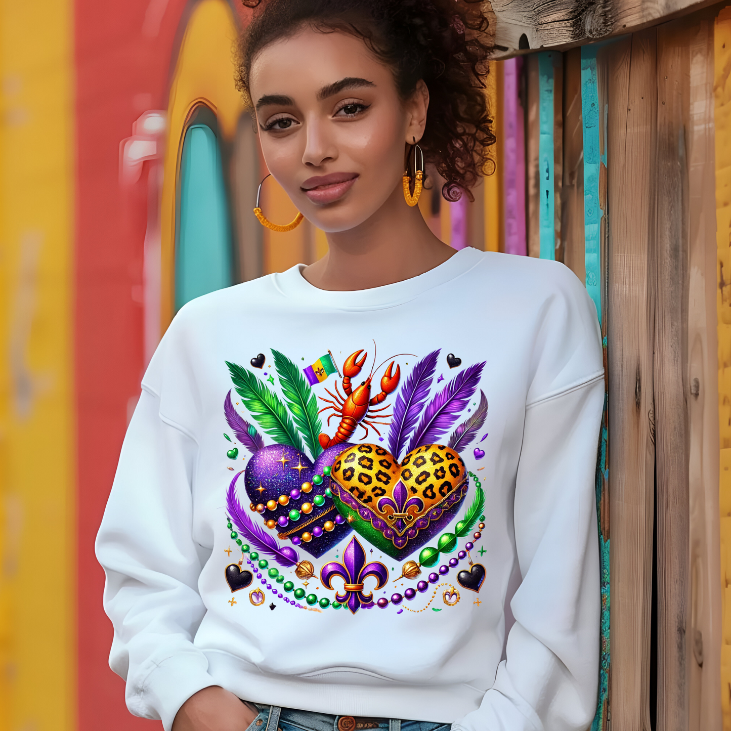 Women's Mardi Gras Sweater - Vibrant Mardi Gras Celebration with Hearts and Bead to celebrate Mardi gras, fat Tuesday and carnival season in high quality sweatshirt