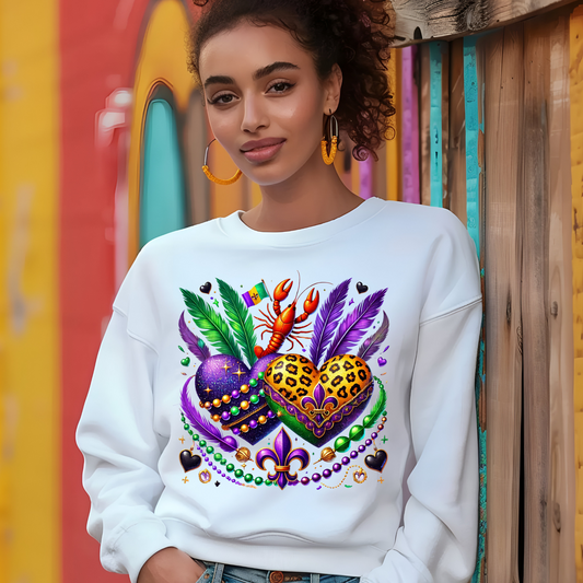 Women's Mardi Gras Sweater - Vibrant Mardi Gras Celebration with Hearts and Bead to celebrate Mardi gras, fat Tuesday and carnival season in high quality sweatshirt