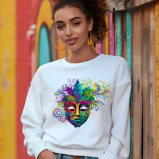 Women wearing white sweater with Vibrant and Bright Mardi Gras Mask to celebrate Mardi Gras Parade Celebrations