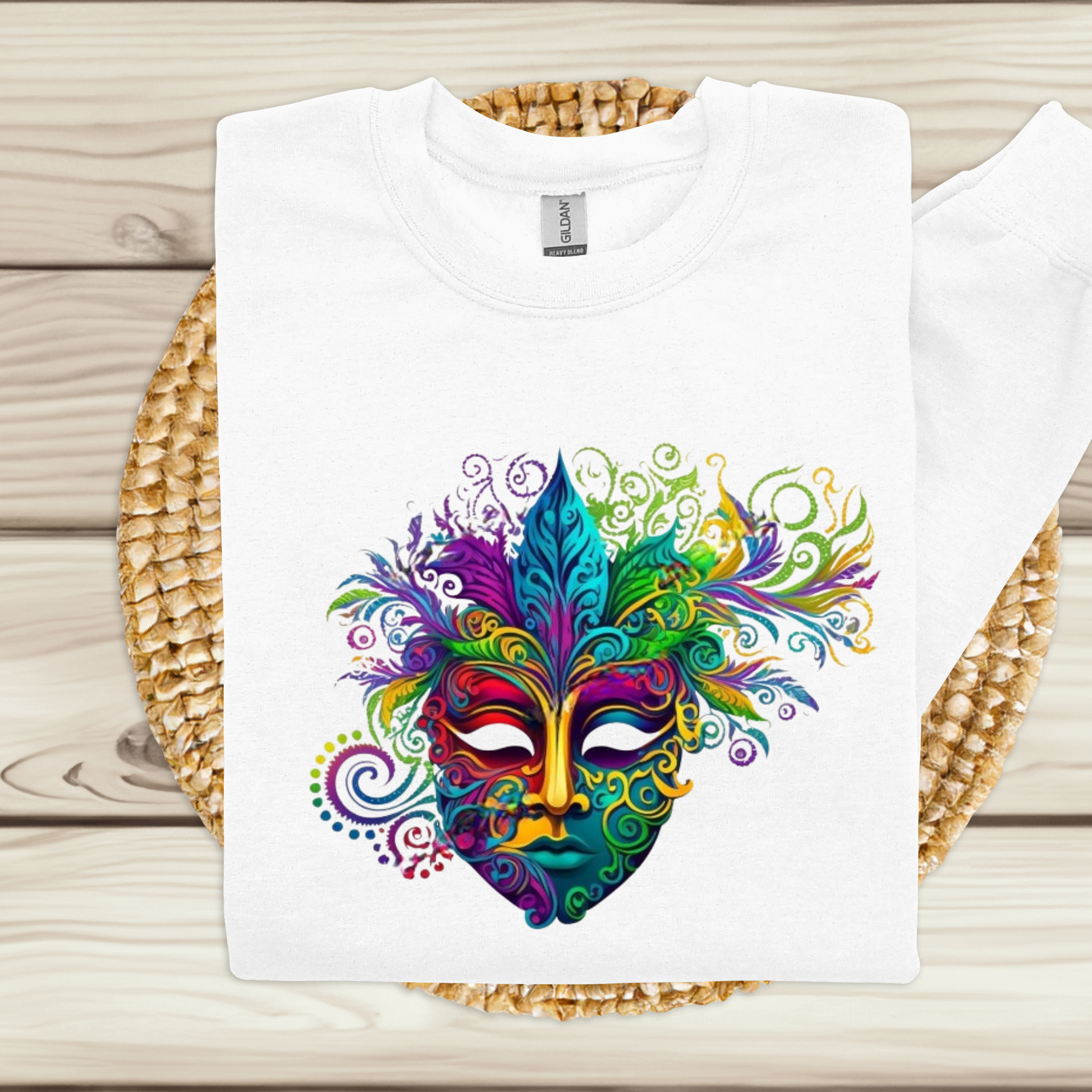 Women wearing white sweater with Vibrant and Bright Mardi Gras Mask to celebrate Mardi Gras Parade Celebrations Mobile Alabama Mardi Gras