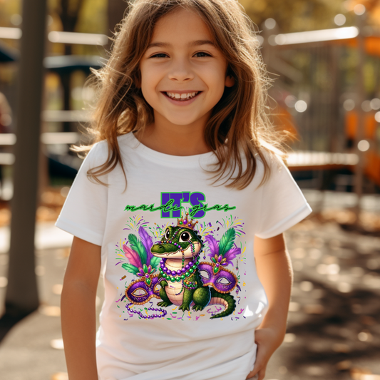 Youth Mardi Gras Shirt - Bold Alligator Celebration Design Perfect for Carnival school shirt events, Mardi Gras kid shirts, and Fat Tuesday kid shirts, this versatile shirt fits seamlessly into any festive outfit.