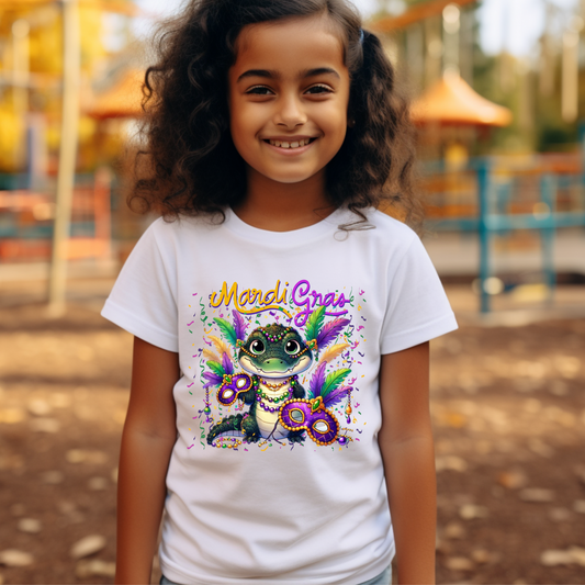 Youth Mardi Gras Shirt - Vibrant Alligator Celebration Design Perfect for Carnival school shirt events, Mardi Gras kid shirts, and Fat Tuesday kid shirts, this versatile shirt fits seamlessly into any festive outfit.
