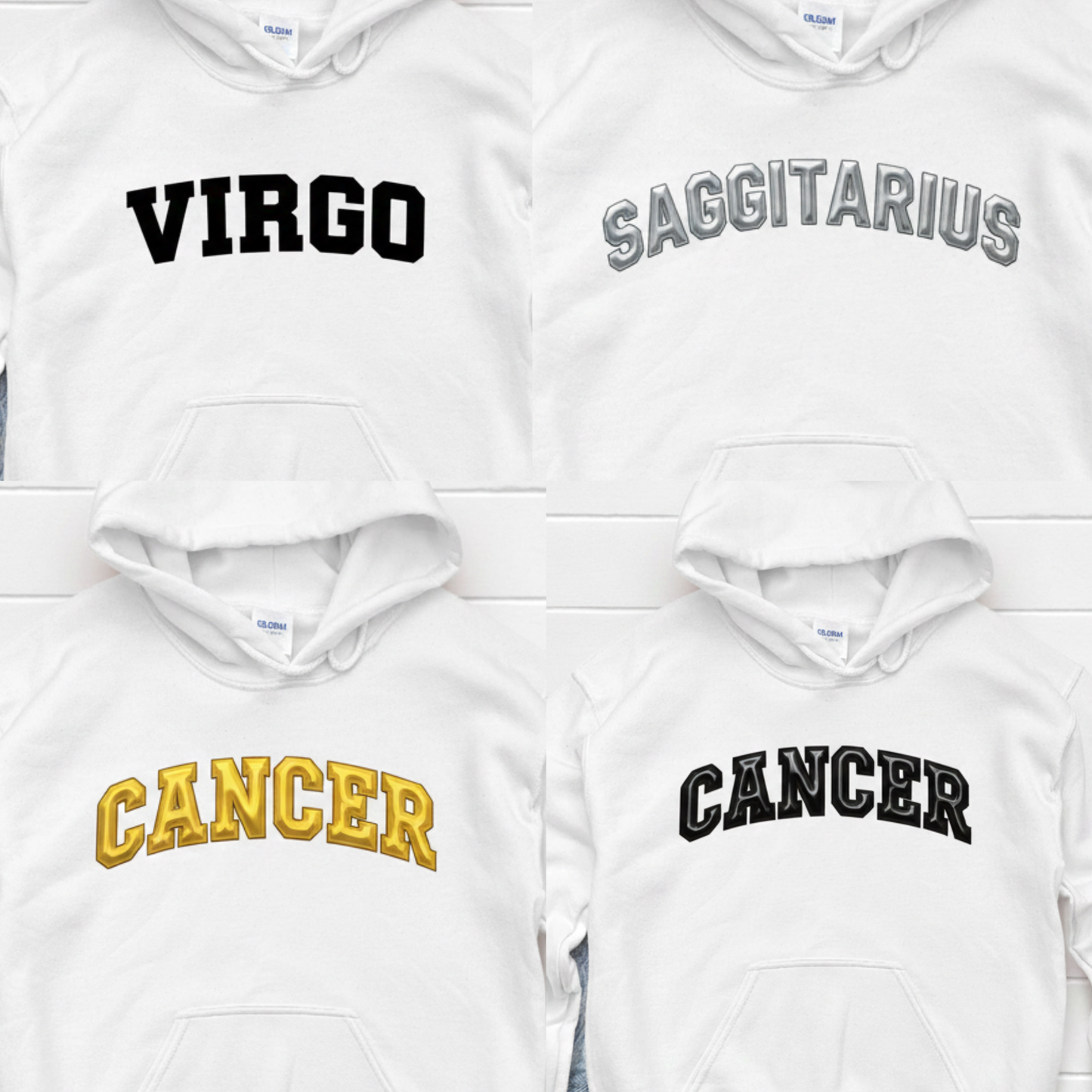 Four white hoodies with zodiac text on a white background