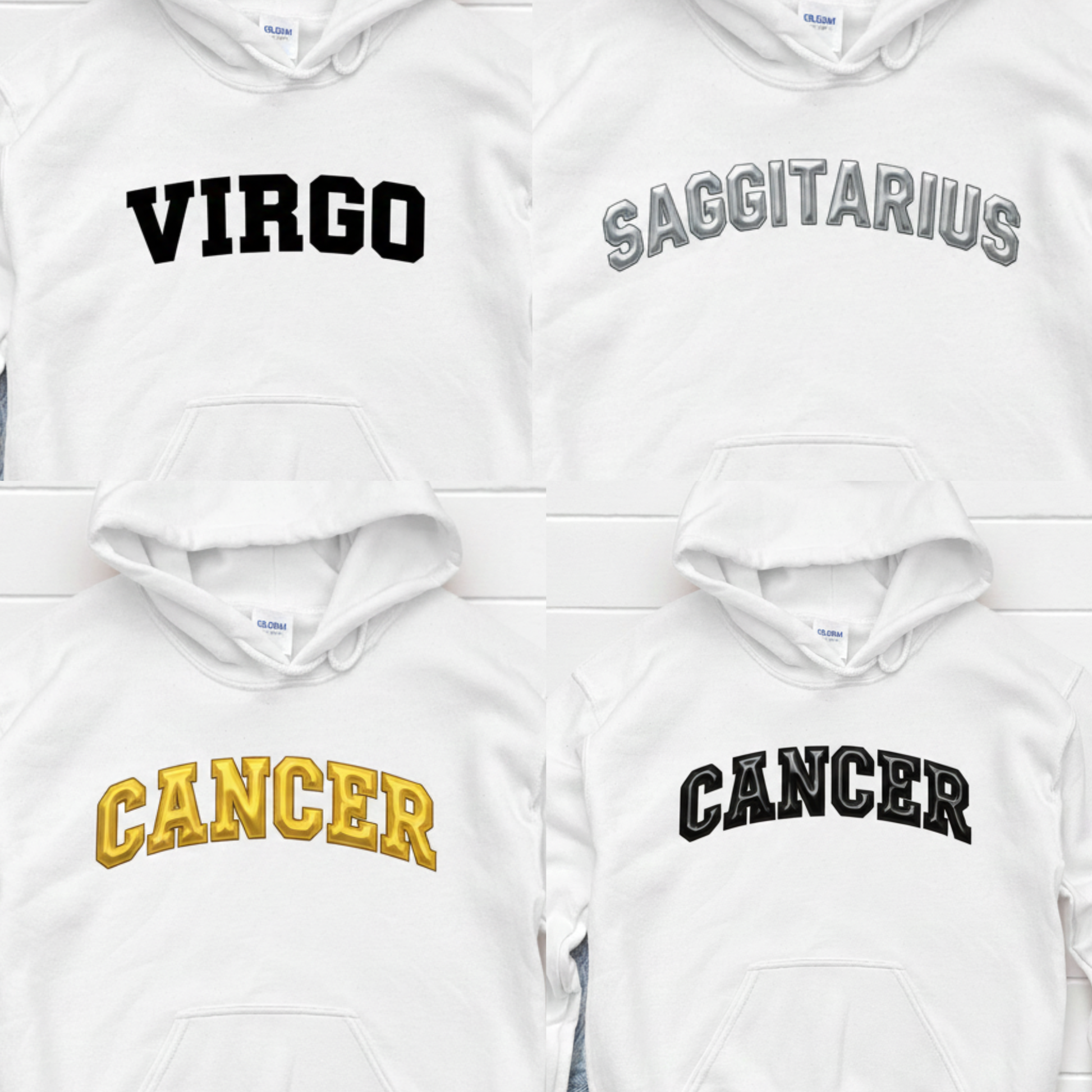 Four white hoodies with zodiac text on a white background