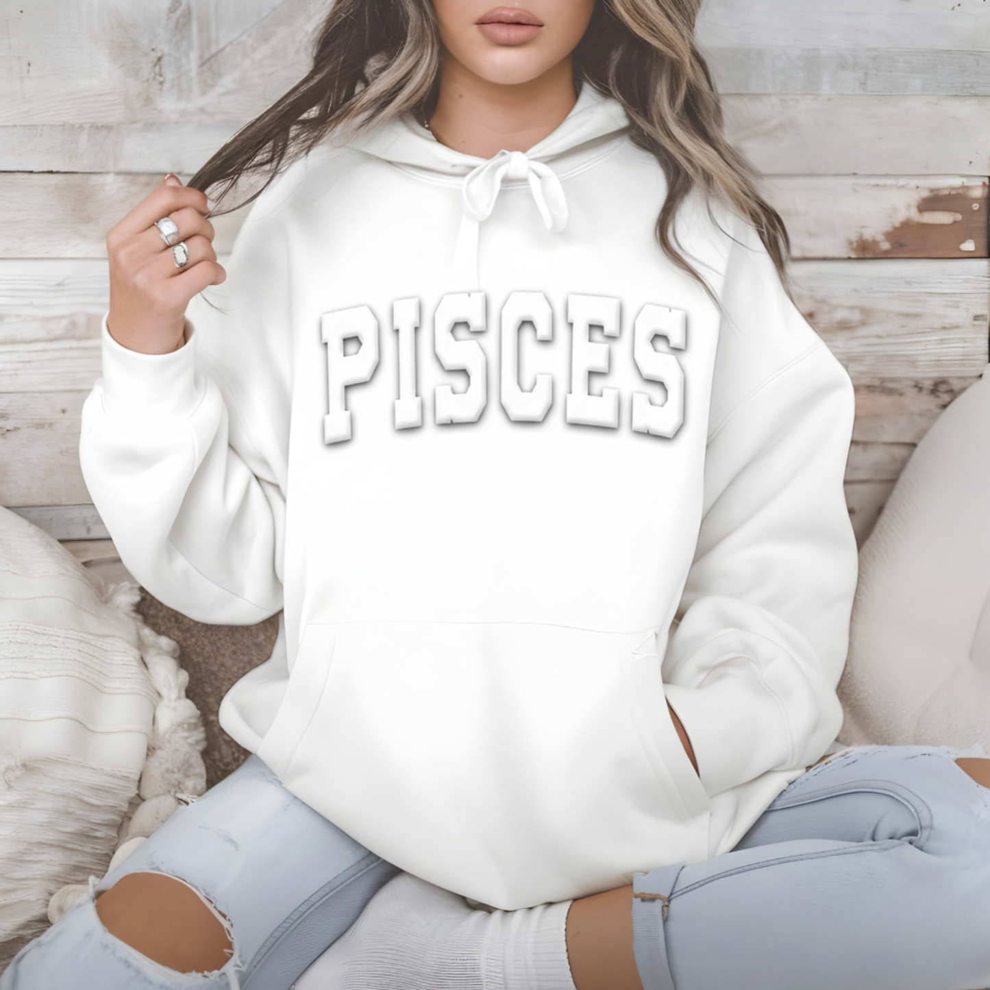 Custom Zodiac Puff Print Hoodie - Embossed Puff Zodiac (White) Hoodie