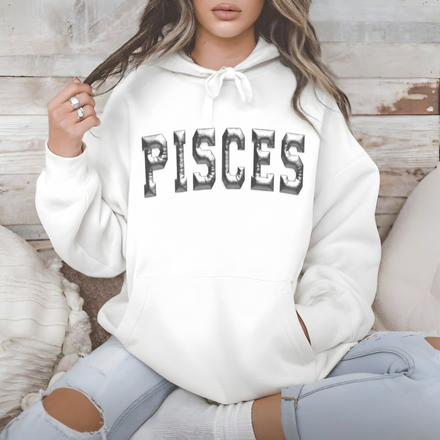Custom Zodiac Puff Print Hoodie - Embossed Puff Zodiac (White) Hoodie