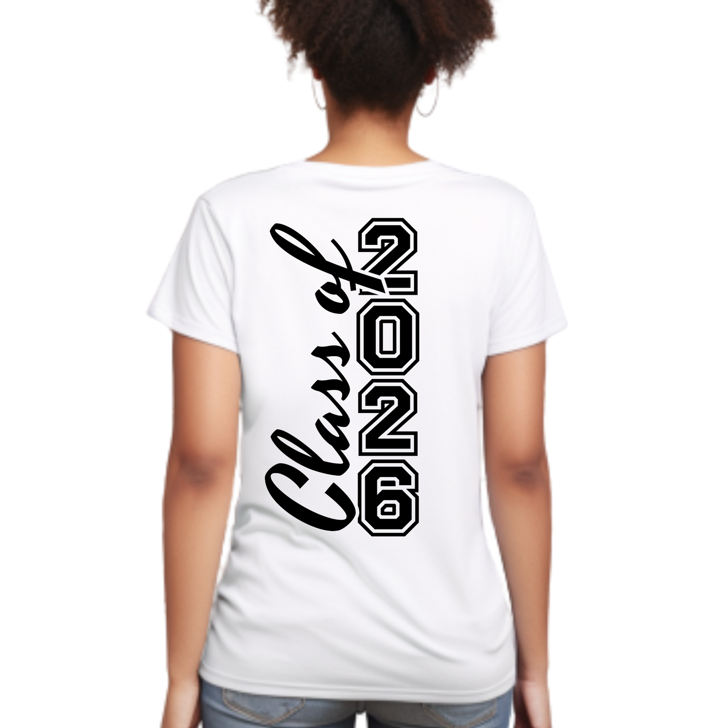 White t-shirt with 'Class of 2026' text on the back, worn by a person.  Senior 2026 Shirt -  Celebrate the Graduating Class of 2026 In Bold Style: Front & Back