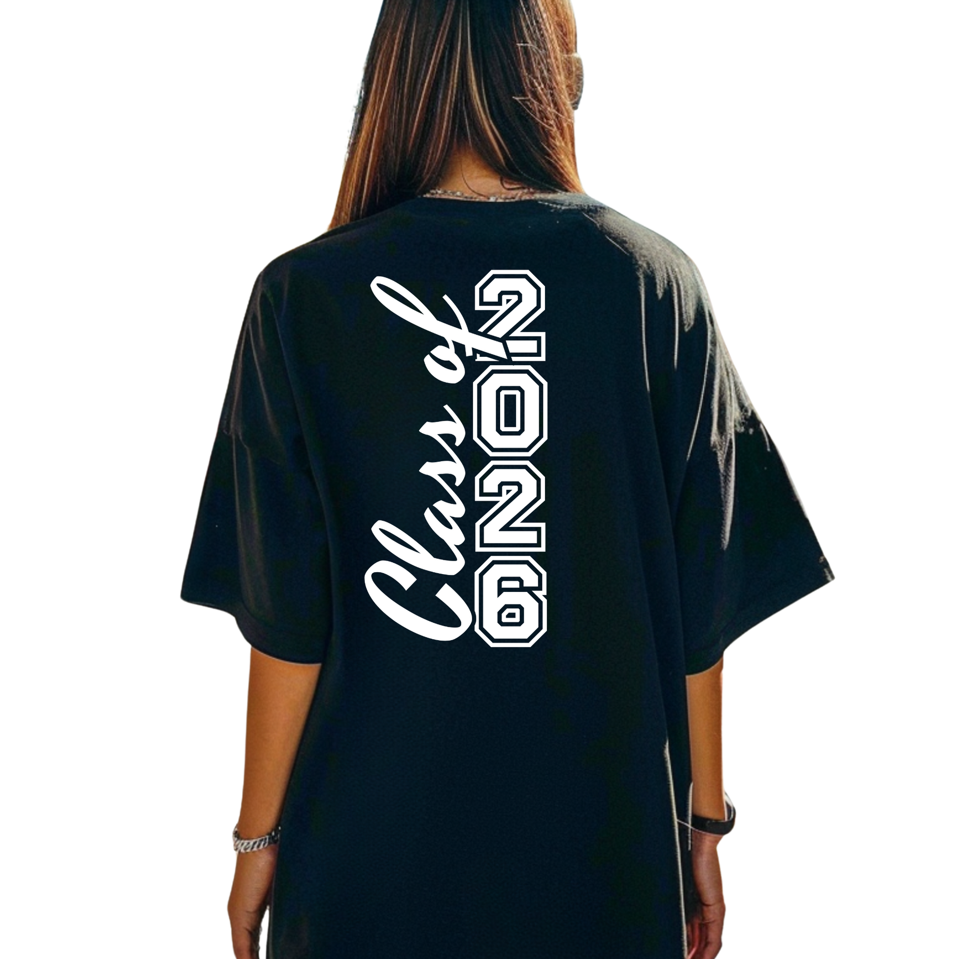 Black t-shirt with 'Class of 2026' text on the back, worn by a person.  Senior 2026 Shirt -  Celebrate the Graduating Class of 2026 In Bold Style: Front & Back