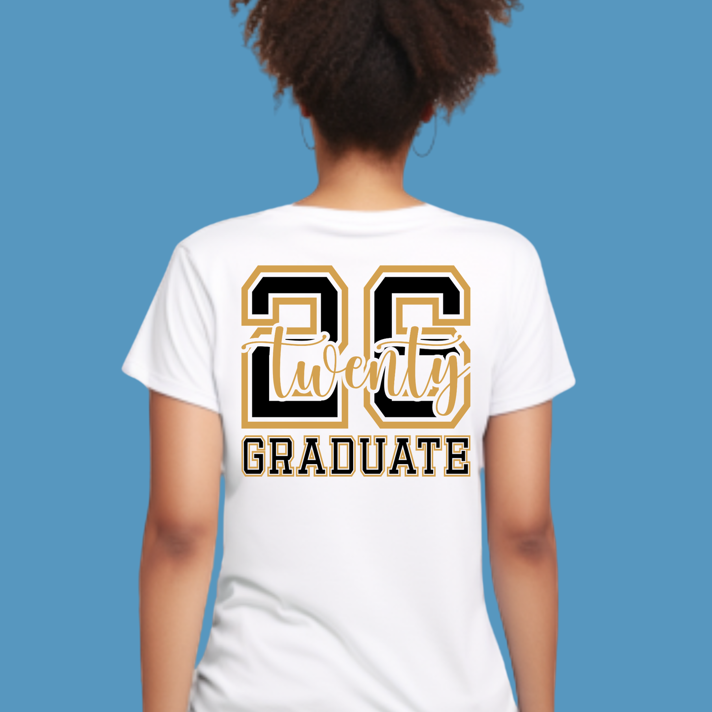 Person wearing a white t-shirt with '20 Graduate' text on the back against a blue background
