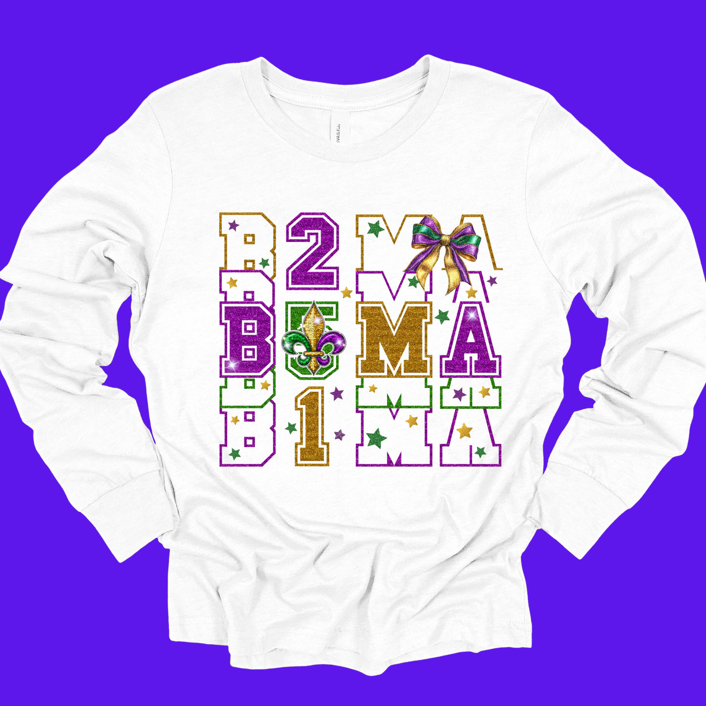 White long-sleeve shirt with colorful text design on a purple background