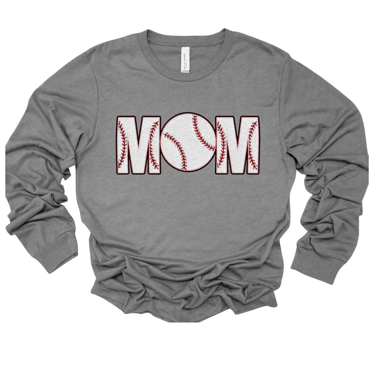 Gray long-sleeve shirt with 'Mom' design on a white background