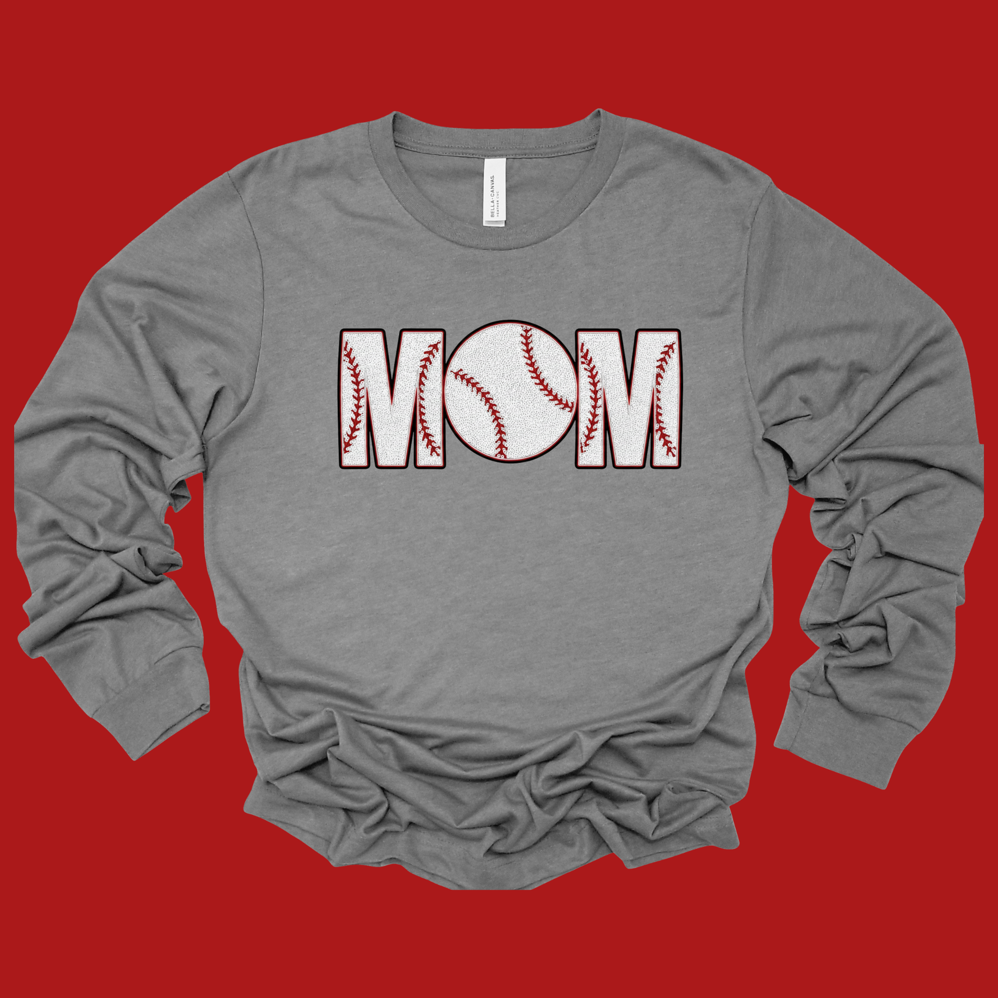 Gray long-sleeve shirt with 'Mom' design on a red background