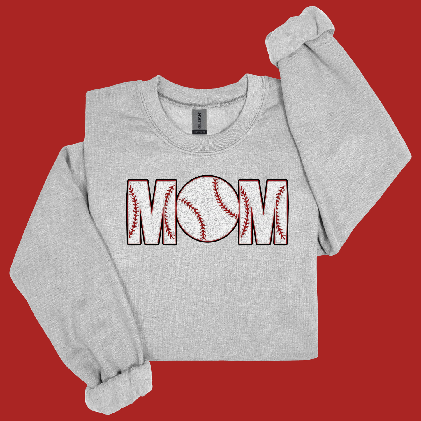 Gray sweatshirt with 'Mom' design on a red background