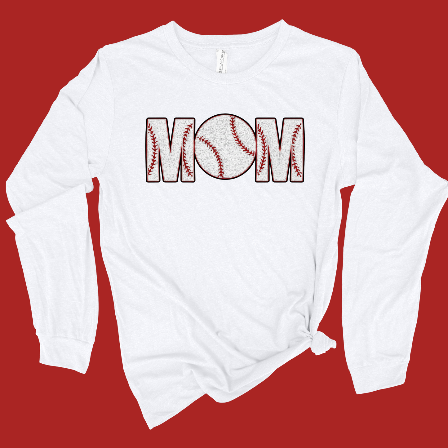 White long-sleeve shirt with 'Mom' design on a red background