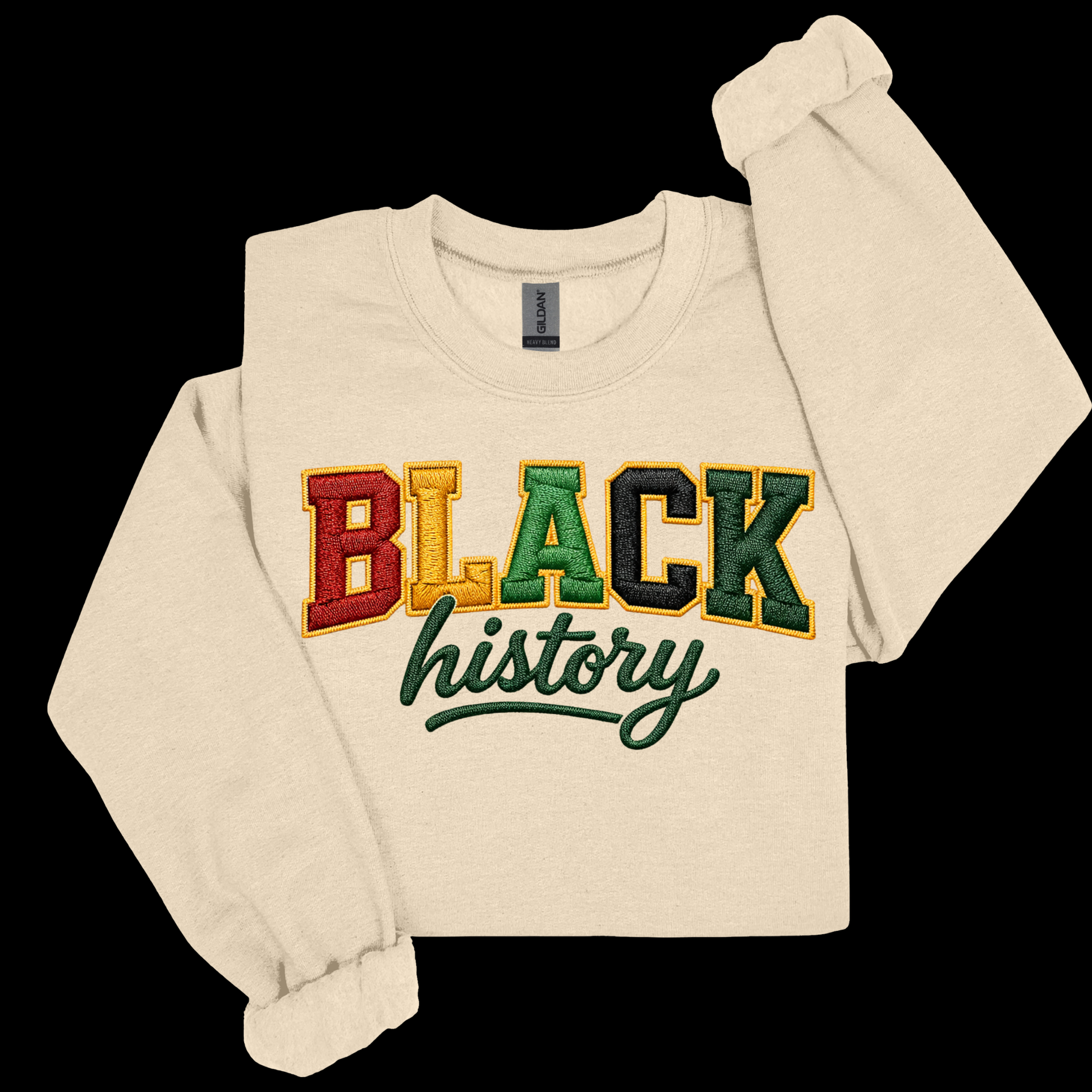 Beige sweatshirt with 'BLACK history' text in multicolor on a white background
