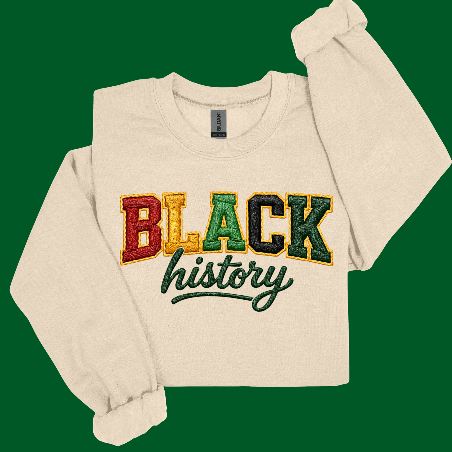 Beige sweatshirt with 'BLACK history' text in multicolor on a green background