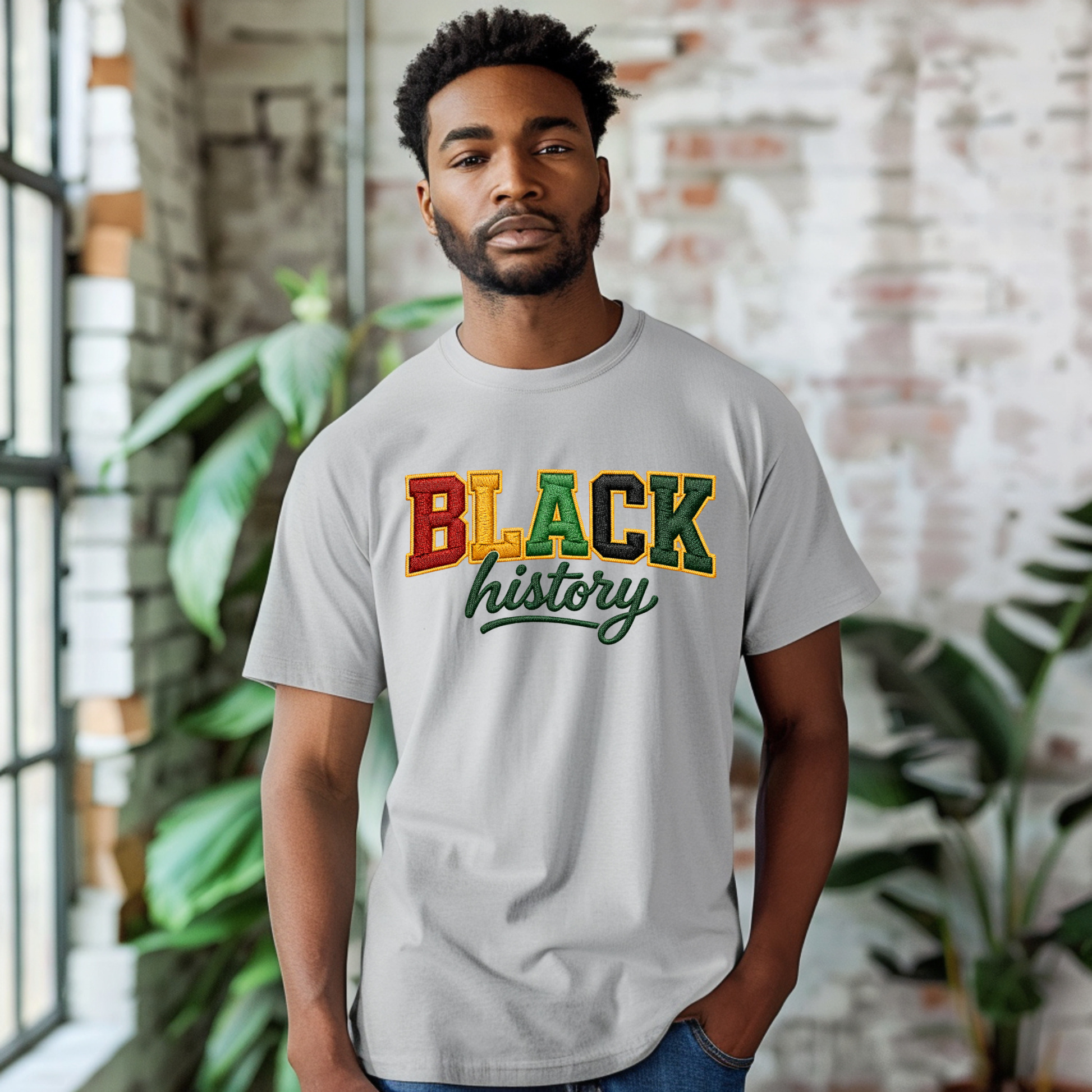 Man wearing a gray t-shirt with 'BLACK history' text in colorful letters, standing in a room with plants and brick wall.