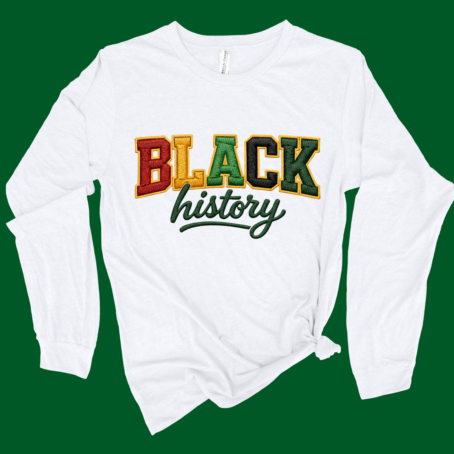 White long-sleeve shirt with 'BLACK history' text in multicolor on a green background