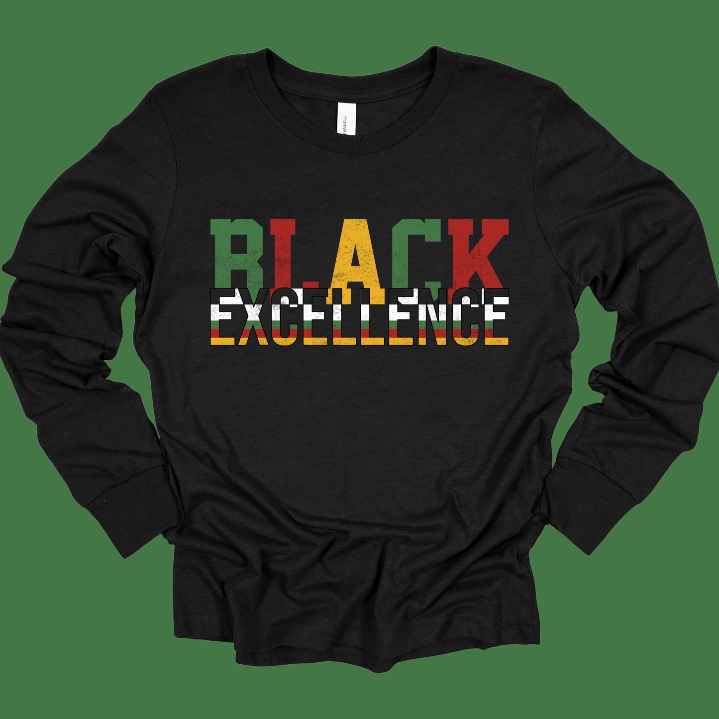 Black long-sleeve shirt with 'BLACK EXCELLENCE' text in multicolor on a transparent background