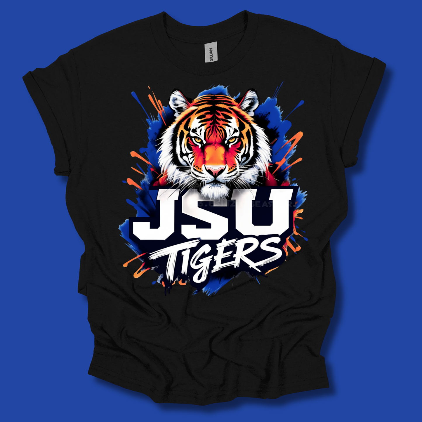 A black short-sleeve t-shirt with a graphic of a blue and white Viking holding an EC SU football, with the text 'THEY NOT LIKE US' above and 'VIKINGS' below, displayed against a solid blue background.