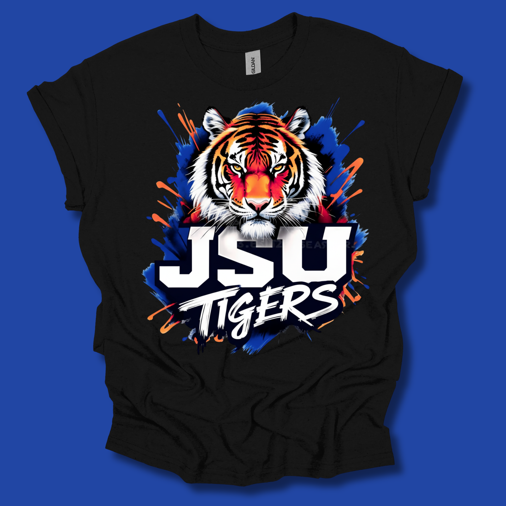 A black short-sleeve t-shirt with a graphic of a blue and white Viking holding an EC SU football, with the text 'THEY NOT LIKE US' above and 'VIKINGS' below, displayed against a solid blue background.